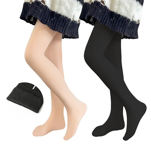 Domueay Bambina Collant Termico, 2 Paia, Bambini Morbido Calze Ballet con Fodera in pile, Elasticità Calzamaglia con piede Danza Scuola Calzini Inverno Abbigliamento 4-6 Anni, Nero & Pelle