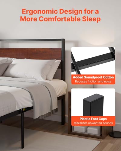 VEVOR Queen Size Bed Frame, 14 Inch Black Metal Platform Bed Frame with Retro Brown Wooden Headboard and Footboard, Large Under-Bed Storage, Non-Slip Without Noise, No Box Spring Needed, Easy Assembly - Image 4