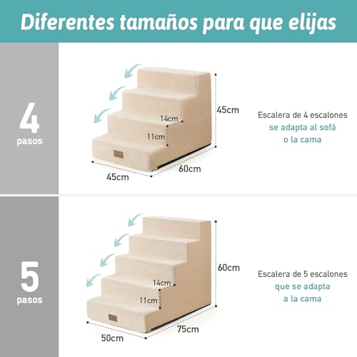 Miniatura 3 de Cozy Kiss Escalera Para Perros Pequeños 50 Cm De Ancho, Escalera Para Mascotas Para Cama Sofá Con Funda Lavable, Escalera Para Gatos De Espuma De Alta Densidad Caqui, 60x45x45cm, 4