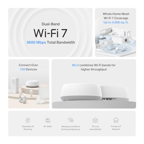 Image of TP-Link Dual-Band BE3600 WiFi 7 Mesh Wi-Fi System (Deco BE23) | 4-Stream 3.6 Gbps | 160 Mhz Channels | Covers up to 4,500 Sq.Ft | 2x 2.5G Ports Wired Backhaul | VPN,MLO,AI-Roaming, HomeShield (2-Pack)