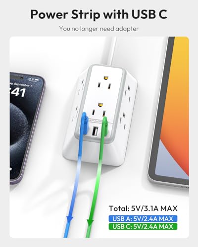NTONPOWER Power Strip con enchufe plano cable de 15 pies, regleta con montaje en pared y USB C para oficina en casa, blanco miniatura 6