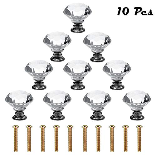 ShipeeKin 10 Piezas Pomos de Cristal Perillas de Gabinete de Diamante,Ideal para Cajón y Gabinete,Diseño de Diamante 30mm Transparente