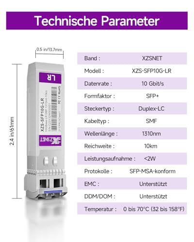 XZSNET 10GBASE-LR SFP+ Transceiver, 10G SFP+ zu LC Singlemode Fiber Modul für Cisco SFP-10G-LR, Ubiquiti UniFi UF-SM-10G, Mikrotik S+31DLC10D, Meraki, Netgear, D-Link und mehr, 1310nm, 10km, 2 Stück