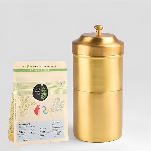 Image of Pure Brass Coffee Filter Machine (200 ml, 300g) with 75g Roasted Coffee Powder | Handcrafted | Traditional South Indian Filter Kaapi Maker | Reusable, Strong Brew | Kitchen & Dining Essentials