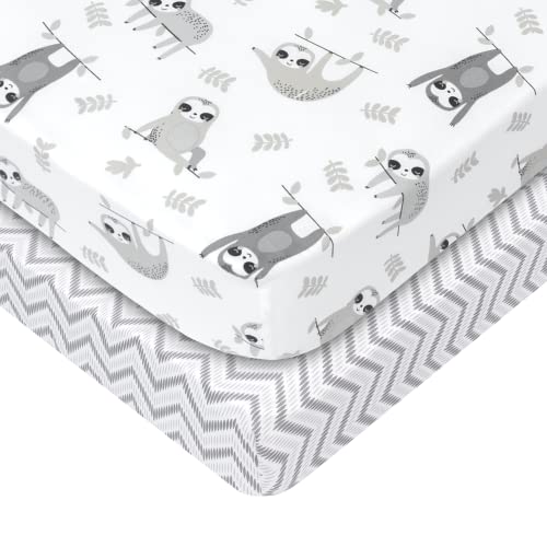 My Little Zone Baby Crib Fitted Sheets Sloth And Chevron Prints - Cotton Crib Sheets For Boys And Girls - Gender Neutral (Grey - White), 2 Pack #TOP11