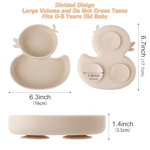 Qshare Baby Suction Plate With Spoon and Fork - Non-Slip Self Feeding Training Divided Weaning Plate for Toddler (Beige) - Image 2