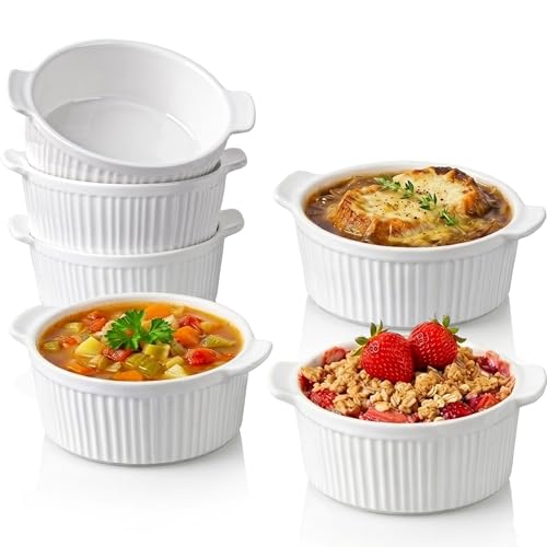 Delling Ramekins With Handle, 6 Pack Soup Bowls For French Onion Soup, Pot Pie, Lava Cakes, Creme Brulee, 12 Oz Porcelain Souffle Dish For Baking, White