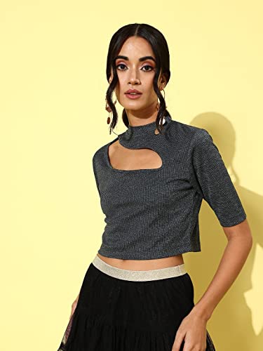Image of Style Quotient Women Charcoal Grey Solid Cut-Out Detail Crop Top