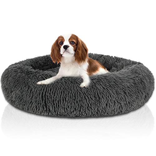 Calming Puppy Dog Beds for Small Dogs Round Donut Washable Small Dog Bed Anti-Slip Faux Fur Fluffy Donut Cuddler Anxiety Pet Cat Bed Fits up to 25lbs Dark Grey