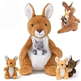 5 in 1 Kangaroo Stuffed Animal with Babies Inside Pouch, 16 Inch Mommy Stuffed Kangaroo Plush Toy with 4 Babies kangaroos Set Toys for Kids Boys Girls Christmas Birthday Gifts Party Favors