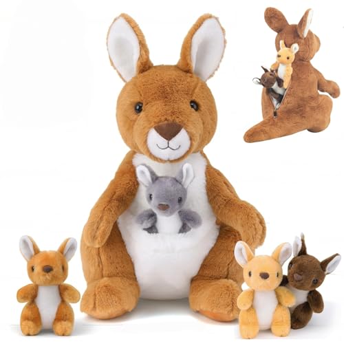 5 in 1 Kangaroo Stuffed Animal with Babies, 16'' Mommy Stuffed Kangaroo Plush Toy with 4 Baby Joey Plush and Pouch, Plush Kangaroos Set for Kids Boys...