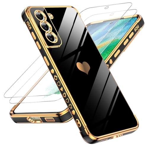 LeYi for Samsung S21 FE Case with 2PCS Screen Protector, Wireless Charging Cute Heart Pattern Soft TPU Plating Cell Phone Case/Cover/Coque/Etui for Samsung Galaxy S21 FE/ S21FE/ 21FE/ 21 FE, Black