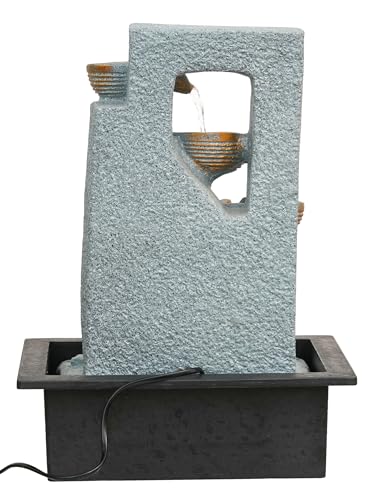 Image of CHRONIKLE Indoor Tabletop Water Fountain with Warm LED Light & Controller Pump | Golden Leaf Designer 4 Diya Step Cascade Polyresin Waterfall Fountain for Home, Meditation Decor | Grey | 40x29.5x22 CM