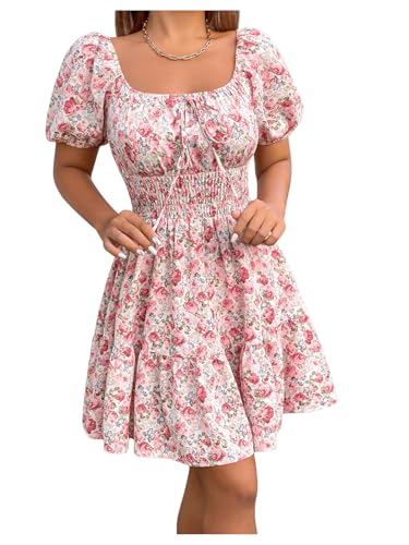 Damen A Linie Sommerkleid U-Ausschnitt Skaterkleid Rüschensaum Blumenkleid Print Urlaubkleid Kurzkleid mit Puffärmel – Bild 4