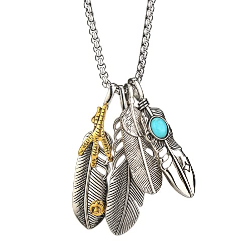 Dreuyet Stainless Steel Feather Necklace for Men Women Bohemian Inlay Turquoise Feather Angel Necklace 4 Combinable Feathers Charm Pendant