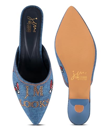 Image of JM LOOKS Pointed Toe Kitten Heel Mules Featuring Exquisite Bee Embroidery and Shimmering Textured Fabric Finish