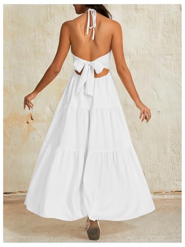 OYOANGLE Women's V Neck Tie Backless Halter Dress Ruched Flowy Wedding Vacation Maxi Dresses2