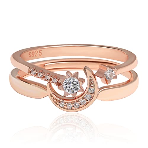 Meissa Bague Femme Lune et étoile Bague Argent Femme Plaquées Or Rose bague de fiançailles femme empilables Cadeau pour Femme Bijoux Taille Reglable de 49 à 56,5 (Rose + Rose)