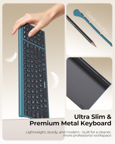 Image of seenda COE401 Wireless Keyboard and Mouse Combo, 3-Device, Black Blue | Rechargeable slim combo connects with 3 devices; quiet use for Windows, Mac, PC, laptop, MacBook and iPad