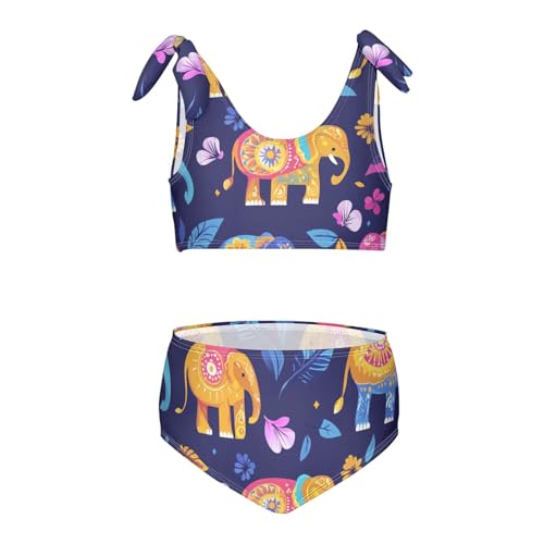 KLL Colorful Elephants Decorated Mandala Girl Two Piecing Bikini Sets Scoop Neck Swimsuit Swimming Suits Cute Shoulder Strap