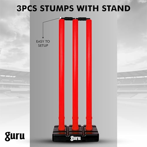 Image of Guru Cricket Wicket Set, Heavy Plastic Cricket Stumps Set - 3 Stumps + 2 Bails + 1 Base Stand