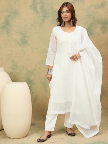 Image of Varanga Women -Thread & Sequin Embroidered Yoke Kurta With Trouser & Scallop Dupatta