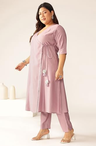 Image of Janasya Women Silk Blend Solid Kurta & Pant Set Lavender Color Trending Outfit