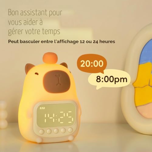 Yiliaw Capybara Réveil avec veilleuse pour enfants, 7 couleurs RVB - Réveil mignon pour chambre à coucher, réveil - Lampe de table en silicone en forme d'animal pour adolescents, filles, garçons – vue 9
