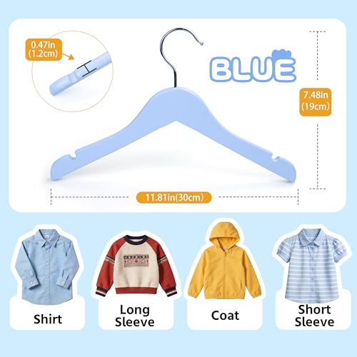 Woodar Rainbow Natural Kids Children Baby Wood Wooden Clothes Dress Shirt Hangers - 360°Stronger Flexible Hook- Extra Smoothly Cut Notches, 10 Pack (Blue) — view 3