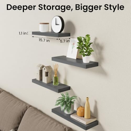 Image of BAYKA Floating Shelves, Gray Wall Mount Wood Shelf 15.7in Set of 4 | Hidden Bracket Design, Max 22lbs Load, Multi-Wall Compatible, Easy Install, Ideal for Bathroom Bedroom Display Storage Decor