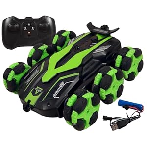 Toyshine 6 Wheels 360°Rotating Remote Control Rechargeable Stunt Car Swing Arm Vehicle Deformation Off Road 2.4GHZ – Green
