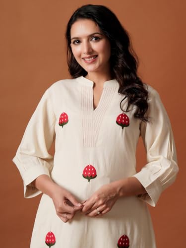 Image of INDO ERA Women's's Pure Cotton Embroidered Kurta Women | Floral Neck & Hem Embroidery | Cotton Kurta Women |