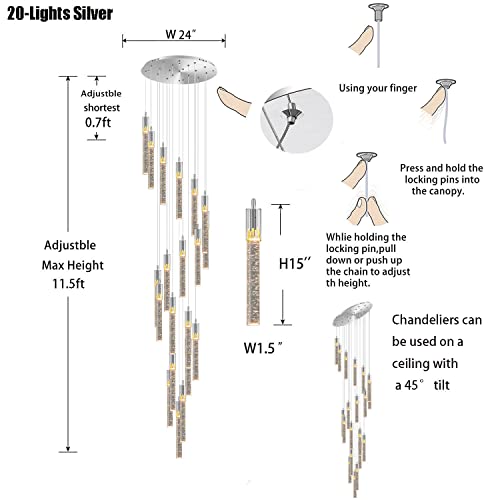 11 Feet - 2 Feet Adjustable Hanging Wire 20-Lights Modern Silver Foyer Entrway Crystal Chandeliers High Staircase Crystal With Bubble Column Pentdant Chandelier Ceiling Pentant Light 3-6000K Dimming #TOP1