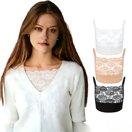 Camicover Lace Cleavage Cover Up for Low Neckline Modesty Panel for Women Clip On Mock Camisole Snap to Bra Insert (Lace Black White Beige)