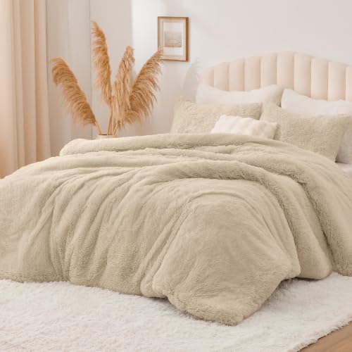 Image of BEDELITE Beige Fluffy Comforter Set Queen, Fuzzy Faux Fur Comforter