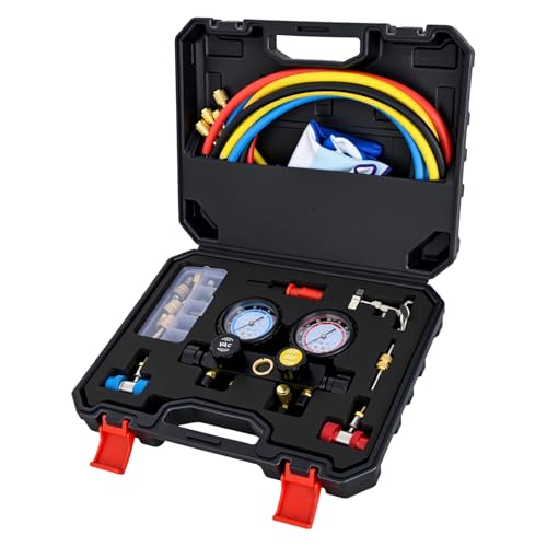Nilight A/C Manifold Gauge Set Fits for R134a R410A R22 R404A 4-Way Auto HVAC Diagnostic Gauges Refrigerant Recharge kit with Adjustable Couplers 5FT Hoses Universal Can Tap