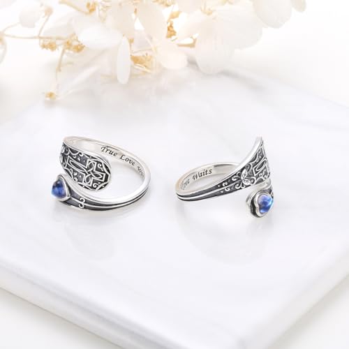 YinShan Oxidation Cross Ring Engraved True Love Waits with Lab Moonstone Adjustable Spoon Rings for Women 925 Sterling Silver Statement Ring Wife Daughter Gifts by YinShan - Used condition - Image 5