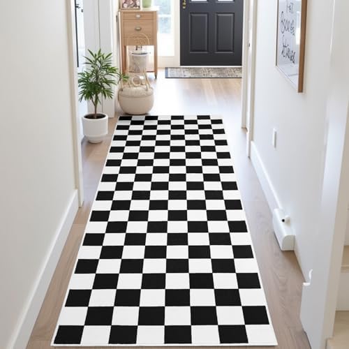 Terrug Black and White Checkered Area Rug for Kitchen,2x6 Runner Rugs Washable with Non Slip for Bedroom,Soft Low Pile Stain Resistance Retro Carpet for Entryway Hallway