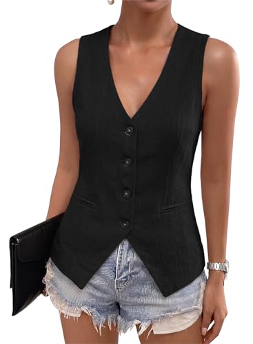 Dokotoo Women's Fashion Dressy Vest V Neck Buttons Side Pockets Business Casual Vests Versatile Outerwear Suit Waistcoats Black Medium