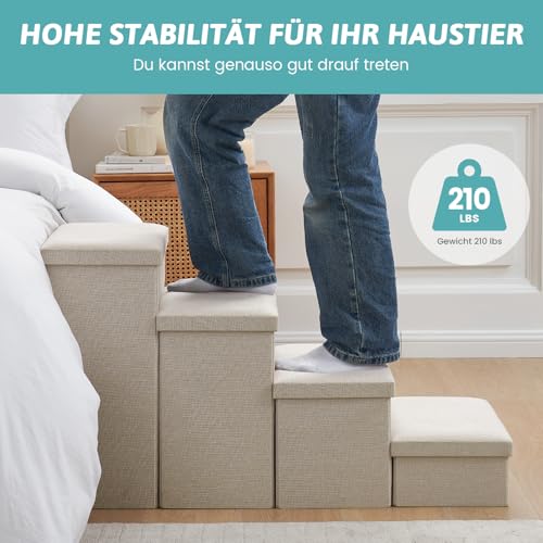 COZY KISS Hundetreppe für Kleine Hunde mit Stauraum, Breite Haustiertreppe Faltbare für Bett und Couch, Hunderampe mit Rutschfestem Boden, Lecksichere (Beige, 43x97x56cm, 4)
