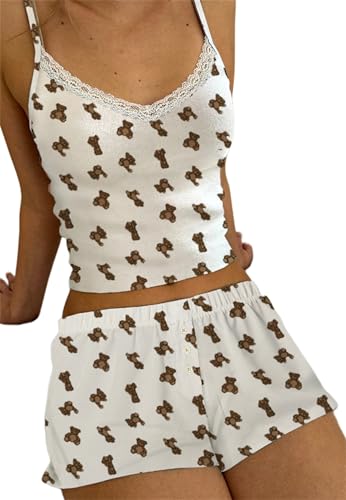Image of Yuemengxuan Women Two Piece Outfits Y2k Boy Shorts Set Sleeveless Crop Top Button Down Shorts Set Loungewear Pajamas Set