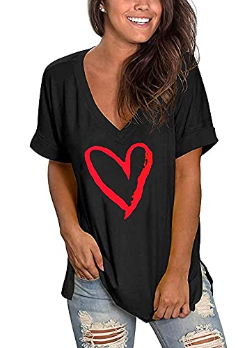 MAGICMK Women's Short Sleeve V-Neck Shirts Loose Casual Print Tee T-Shirt Tops (Black+RHeart, L)