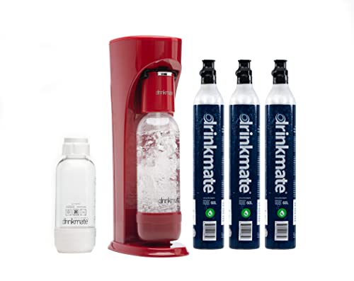 Drinkmate OmniFizz Sparkling Water and Soda Maker, Carbonates Any Drink, ULTIMATE BUNDLE - Includes three 60L CO2 Cylinders, Two Carbonation Bottles, and Fizz Infuser (Royal Red)