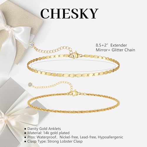 CHESKY Gold Ankle Bracelets for Women, 14k Gold Plated/Sterling Silver Anklet Bracelet Set Layered Glitter Box Paperclip Figaro Cuban Link Anklets for Women, Waterproof Summer Gold Jewelry Gifts