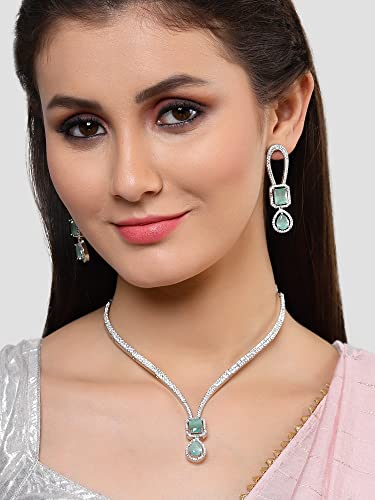 Image of Karatcart Elegant Silver Plated Blue American Diamond Necklace Set for Women