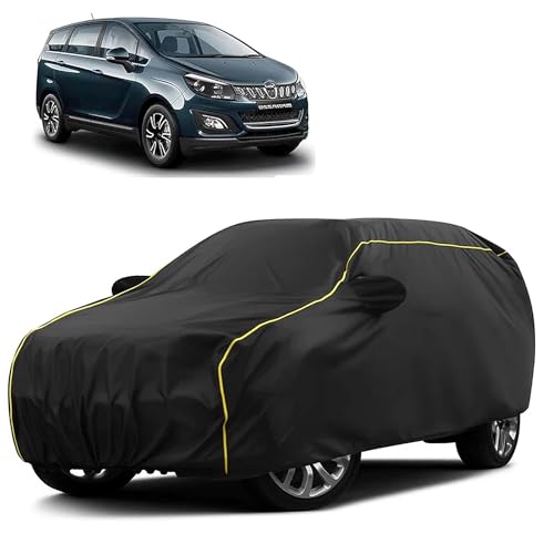 Image of Sulfar 100% Water Resistant Car Body Cover Compatible with Mirror for Mahindra Marazzo (Triple Stitched, Full Bottom Elastic, Black Taffeta with Yellow Piping)