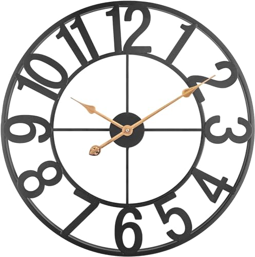 Evursua Relojes de pared de 14 pulgadas para decoración de sala de estar, relojes de arte de pared grandes de metal silencioso, analógico, funciona con pilas, reloj moderno negro de granja para