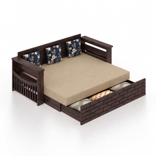 Image of Ganpati Arts Solid Sheesham Wood 3 Seater Italian Sofa Cum Bed with Storage and Side Pockets for Living Room Wooden Sofa Bed for Home - Walnut Finish 1 Year Warranty, 3-Person Sofa (Beige)