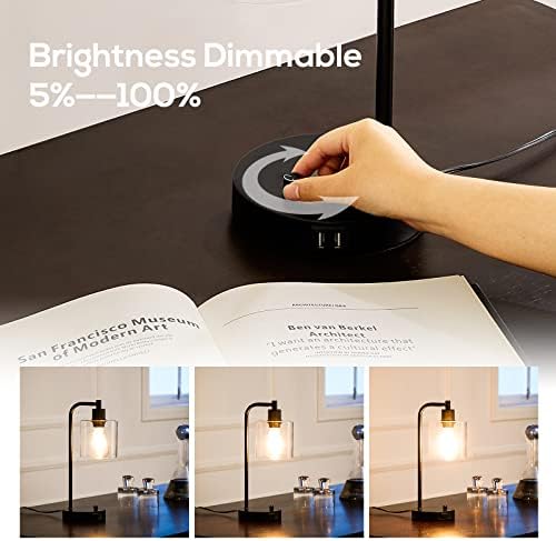 Table Lamp Set of 2 Dimmable Small Black Industrial LED Table Lamps Nightstand Beside Reading Desk Lamp with USB Charging Glass Shade for Bedroom Living Room Home Office