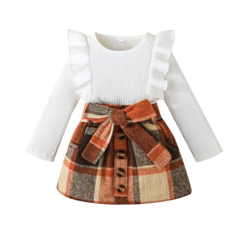 Image of Noubeau Toddler Baby Girls Plaid Outfits Knit Ribbed Sweatshirt Shirt Tops Red Plaid Belt Skirt Fall Winter Clothes